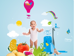 illustration avec bébé au centre alimentation saine